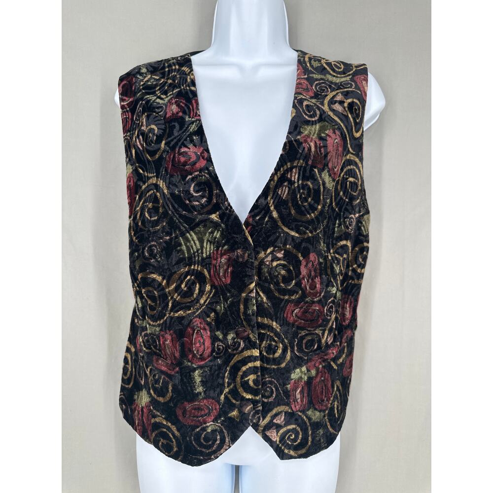90s Vintage Vest Womens Medium Black Velvet Abstract Print Artsy Dark Whimsigoth